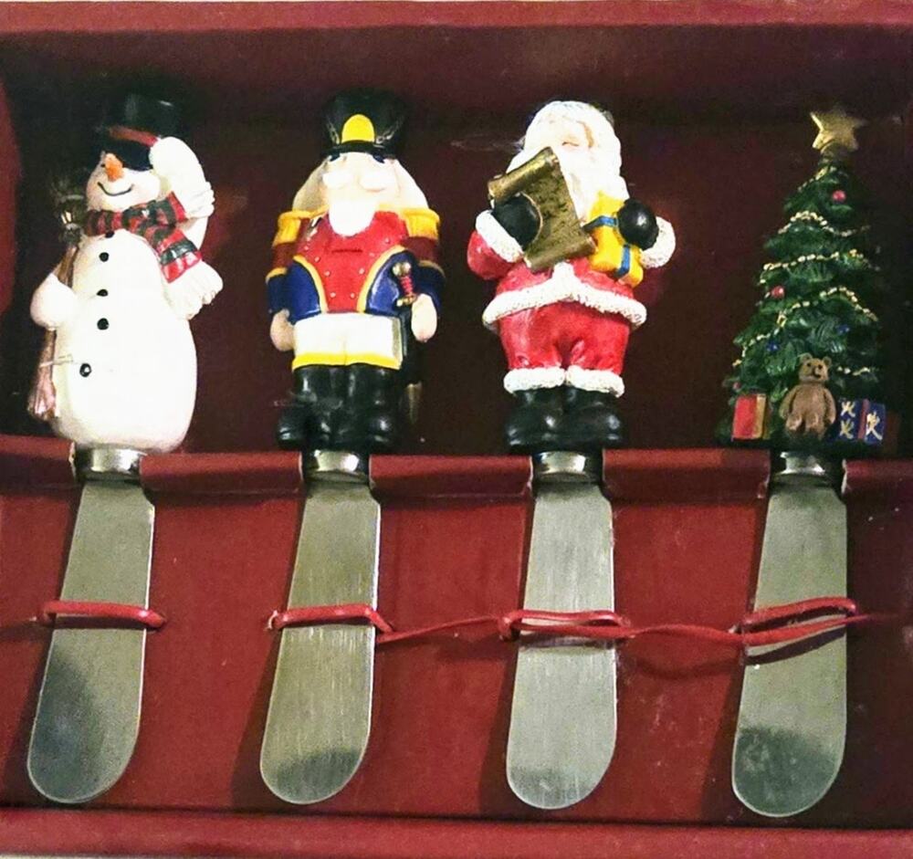 Vintage Cheese-Butter Spreader Knives Santa, Christmas Tree, Nutcracker, Snowman